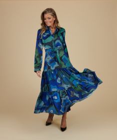Blauw/ groen geprint hemdkleed met volants Linea Raffaelli