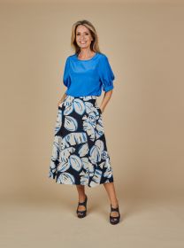 Blauwe rok met bladerenprint Luisa Cerano