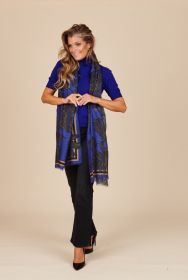 Blauwe sjaal met zwart/ beige bladerenprint Riani