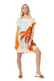 Beige hemdkleed met lichtblauwe en oranje palmbomen Caroline Biss