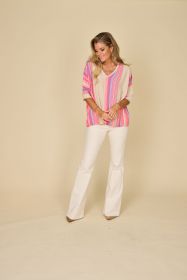 Beige V-hals pull met fuchsia en paarse strepen Due Amanti