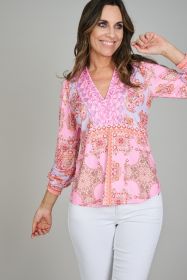 Roze/ lila V-hals bloes met print Hale Bob