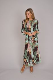 Groen/ bruin lang kleed met bladerenprint Marc Cain