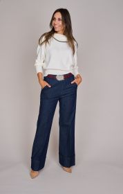 Blauwe wijde jeans met boord en riem Caroline Biss
