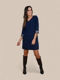 Blauw V-hals kleed met pailletten aan manchette Léonie de Paris