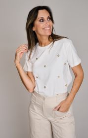 Ecru T-shirt met beige bloemenpailletten Lalotti
