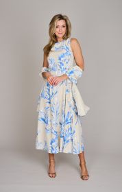 Beige lang kleed met blauwe bloemenprint Rosso 35