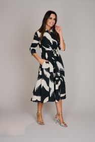 Zwart/ mastic hemdkleed met print en strik in de taille Rosso 35