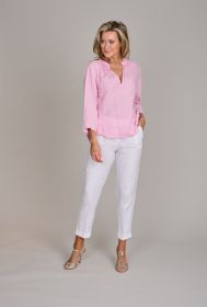 Roze V-hals bloes met frul aan hals Rosso 35