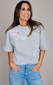Grijze sweater met lila/ mint broderie Senso